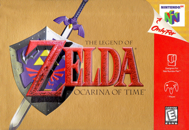 Box art: Title with 'Zelda' in large red serif text, texturised, before a purple shield and sword.