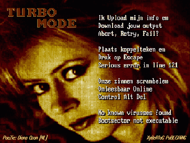 'Turbo Mode' Poem: Image file, title in brown, body of work in white, over a sepia tone woman's face