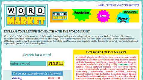 Home screen with Word Market written out in a scrabble font, search bar for terms and a banner ad