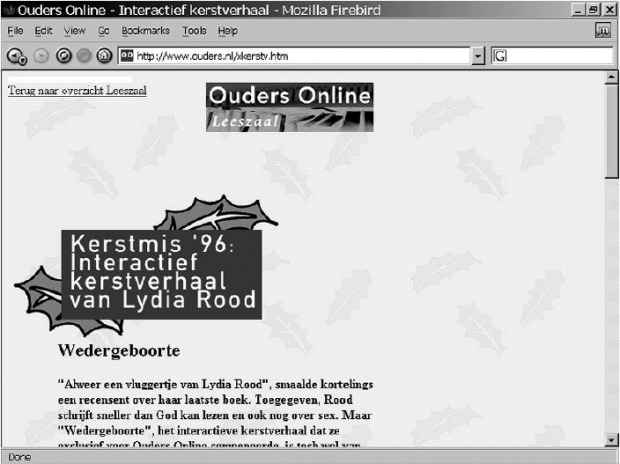 Black and white screenshot in archaic web browser of Wedergeboorte's opening page before archival.