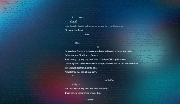Screenshot of "At Nightfall, the Goldfish." White text on a rippling blue and purple backdrop.