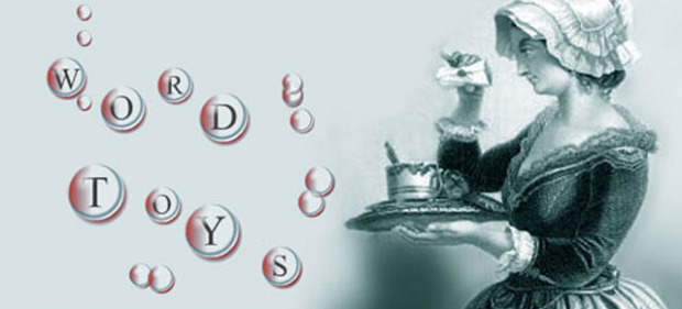 A woman in historic women's dress carries a letter from which bubbles float, spelling 'WORDTOYS'