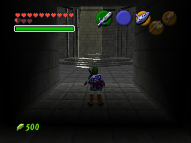 Gameplay: Link (player) walks down a temple corridor. Health bar and inventory menu at top of screen
