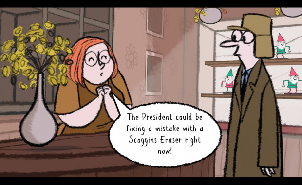 Gameplay: Tethers (player) in conversation with anotehr character—text is shown in a speech bubble,