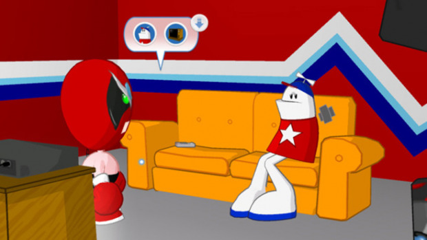 Gameplay: Strong Bad appraoching Homestar Runner, who is sat on a couch, with interaction menu.